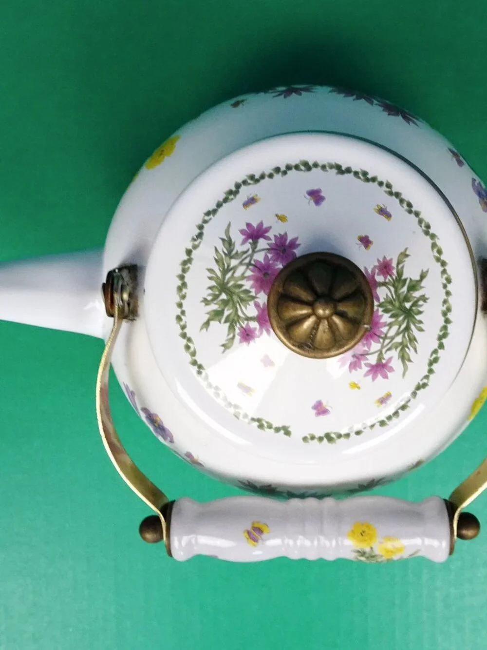 Vintage Lincoware Flowers Butterflies Enamel on Metal Tea Pot Kettle Farmhouse
